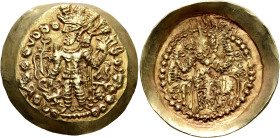 HUNNIC TRIBES, Kidarites. Kidara, circa 350-385. Dinar (Gold, 33 mm, 7.70 g, 12 h), Balkh. 'BAΓO KIΔAPA OOZOPKO KOÞANO ÞAYO ('His Majesty, Kidara, Gre...