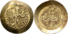 HUNNIC TRIBES, Kidarites. Kidara, circa 350-385. Dinar (Electrum, 34 mm, 6.77 g, 3 h), Balkh. 'BAΓO KIΔAPA OOZOPKO KOÞANO ÞAYO ('His Majesty, Kidara, ...