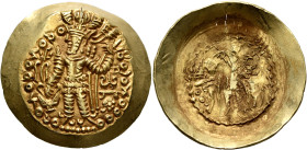 HUNNIC TRIBES, Kidarites. Kidara, circa 350-385. Dinar (Gold, 33 mm, 7.69 g), Balkh. 'BAΓO KIΔAPA OOZOPKO KOÞANO ÞAYO ('His Majesty, Kidara, Great Kin...
