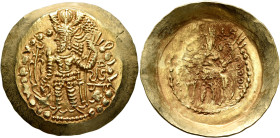 HUNNIC TRIBES, Kidarites. Kidara, circa 350-385. Dinar (Gold, 34 mm, 7.64 g, 12 h), Balkh. 'BAΓO KIΔAPA OOZOPKO KOÞANO ÞAYO ('His Majesty, Kidara, Gre...