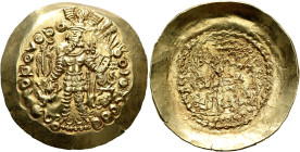 HUNNIC TRIBES, Kidarites. Kidara, circa 350-385. Dinar (Gold, 34 mm, 7.79 g), Balkh. 'BAΓO KIΔAPA OOZOPKO KOÞANO ÞAYO ('His Majesty, Kidara, Great Kin...