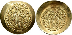 HUNNIC TRIBES, Kidarites. Kidara, circa 350-385. Dinar (Gold, 33 mm, 7.63 g, 12 h), Balkh. 'BAΓO KIΔAPA OOZOPKO KOÞANO ÞAYO ('His Majesty, Kidara, Gre...