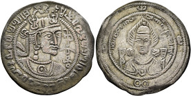 HUNNIC TRIBES, Western Turks. Khorasan. Iltäbär of the Khalaj, 8th century. Drachm (Silver, 29 mm, 3.50 g, 1 h). 'Sri-hitivira kharalava paramesvara s...