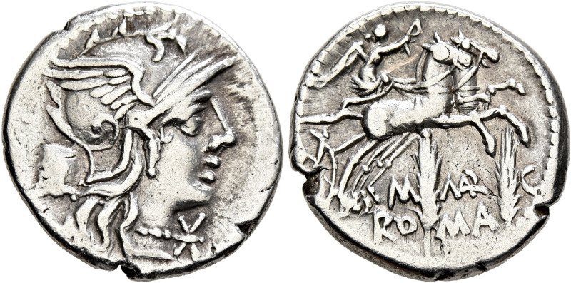 M. Marcius Mn.f, 134 BC. Denarius (Silver, 19 mm, 3.87 g, 9 h), Rome. Head of Ro...