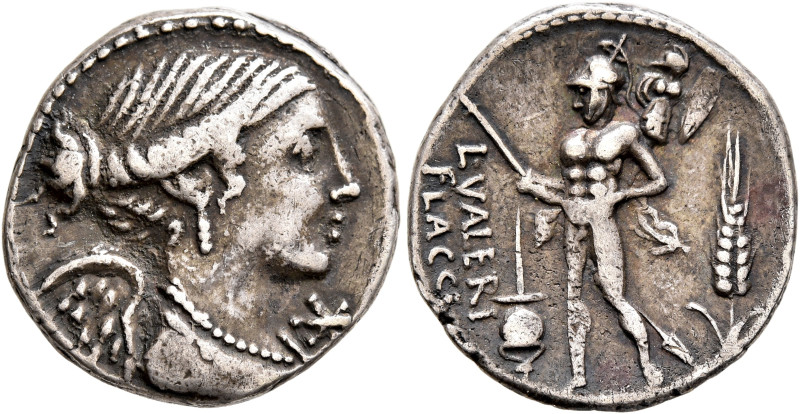 L. Valerius Flaccus, 108-107 BC. Denarius (Silver, 19 mm, 3.96 g, 4 h), Rome. Dr...