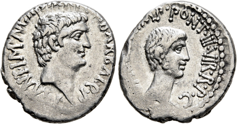 Mark Antony and Octavian. Denarius (Silver, 18 mm, 3.76 g, 11 h), with M. Barbat...