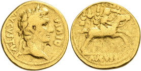 Augustus, 27 BC-AD 14. Aureus (Gold, 20 mm, 7.75 g, 7 h), Lugdunum, 8-7 BC. AVGVSTVS DIVI•F Laureate head of Augustus to right. Rev. C•CAES / AVGVS•F ...