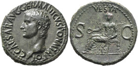 Gaius (Caligula), 37-41. As (Copper, 29 mm, 10.97 g, 6 h), Rome, 37-38. C•CAESAR•AVG•GERMANICVS•PON•M•TR•POT Bare head of Gaius to left. Rev. VESTA / ...