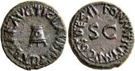 Claudius, 41-54. Quadrans (Copper, 18 mm, 3.92 g), Rome, 41. TI CLAVDIVS CAESAR AVG Three-legged modius. Rev. PON M TR P IMP COS DES IT around large S...