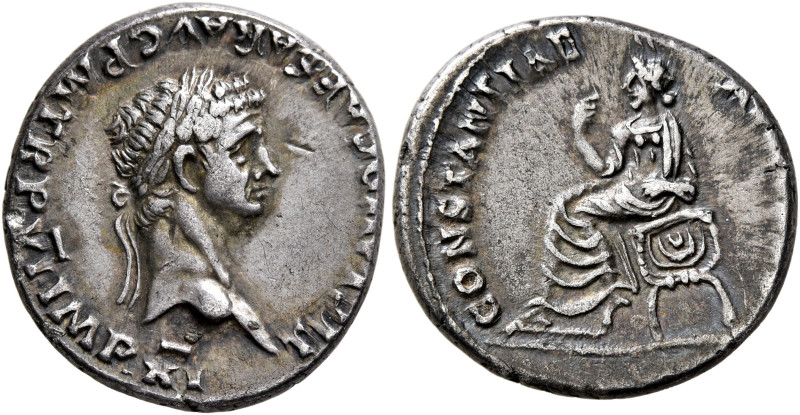 Claudius, 41-54. Denarius (Silver, 18 mm, 3.75 g, 11 h), Lugdunum, 46-47. TI CLA...