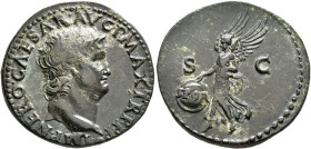 Nero, 54-68. As (Copper, 29 mm, 11.34 g, 6 h), Lugdunum, 66. IMP•NERO•CAESAR•AVG•P•MAX•TR•P•P•P Bare head of Nero to right, globe at point of bust. Re...