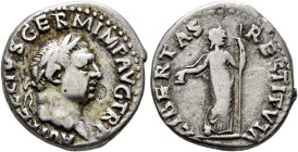 Vitellius, 69. Denarius (Silver, 17 mm, 3.37 g, 6 h), Rome, late April-20 December 69. A VITELLIVS GERMAN IMP TR P Laureate head of Vitellius to right...