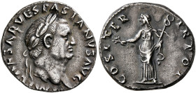 Vespasian, 69-79. Denarius (Silver, 17 mm, 3.38 g, 4 h), Rome, 70. IMP CAESAR VESPASIANVS AVG Laureate head of Vespasian to right. Rev. COS ITER TR PO...