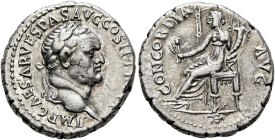 Vespasian, 69-79. Denarius (Silver, 18 mm, 3.95 g, 7 h), Ephesus, 70. IMP CAESAR VESPAS AVG COS II TR P P P Laureate head of Vespasian to right. Rev. ...