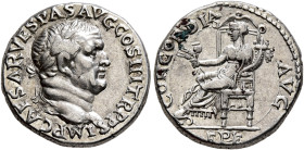 Vespasian, 69-79. Denarius (Silver, 18 mm, 3.56 g, 1 h), Ephesus, 71. IMP CAESAR VESPAS AVG COS III TR P P P Laureate head of Vespasian to right. Rev....