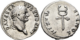 Vespasian, 69-79. Denarius (Silver, 20 mm, 3.40 g, 6 h), Rome, 74. IMP CAESAR VESP AVG Laureate head of Vespasian to right. Rev. PONTIF MAXIM Winged c...