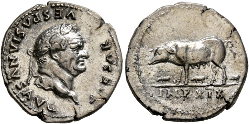 Vespasian, 69-79. Denarius (Silver, 19 mm, 3.33 g, 6 h), Rome, July 77-December ...