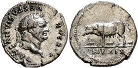 Vespasian, 69-79. Denarius (Silver, 19 mm, 3.33 g, 6 h), Rome, July 77-December 78. CAESAR VESPASIANVS AVG Laureate head of Vespasian to right. Rev. I...