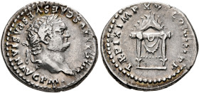 Titus, 79-81. Denarius (Silver, 19 mm, 3.50 g, 5 h), Rome, 80. IMP TITVS CAES VESPASIAN AVG P M• Laureate head of Titus to right. Rev. TR P IX IMP XV ...