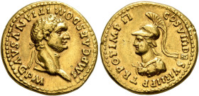 Domitian, 81-96. Aureus (Gold, 20 mm, 7.71 g, 5 h), Rome, 82. IMP CAES DOMITIANVS AVG P M Laureate head of Domitian to right. Rev. TR POT IMP II COS V...