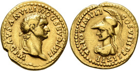 Domitian, 81-96. Aureus (Gold, 20 mm, 7.67 g, 5 h), Rome, 82. IMP CAES DOMITIANVS AVG P M Laureate head of Domitian to right. Rev. TR POT IMP II COS V...