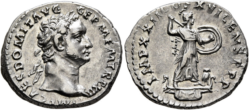 Domitian, 81-96. Denarius (Silver, 19 mm, 3.54 g, 6 h), Rome, 87. IMP CAES DOMIT...