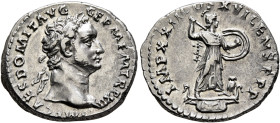 Domitian, 81-96. Denarius (Silver, 19 mm, 3.54 g, 6 h), Rome, 87. IMP CAES DOMIT AVG GERM P M TR P XII Laureate head of Domitian to right. Rev. IMP XX...