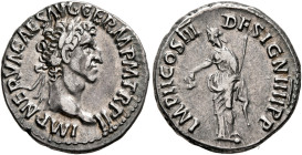 Nerva, 96-98. Denarius (Silver, 18 mm, 3.40 g, 6 h), Rome, 97. IMP NERVA CAES AVG GERM P M TR P II Laureate head of Nerva to right. Rev. IMP II COS II...