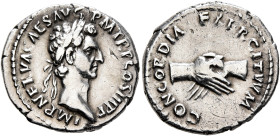 Nerva, 96-98. Denarius (Silver, 19 mm, 2.88 g, 7 h), Rome, 97. IMP NERVA CAES AVG P M TR P II COS III P P Laureate head of Nerva to right. Rev. CONCOR...