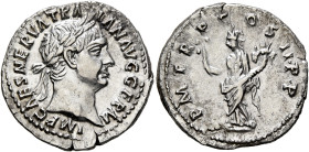 Trajan, 98-117. Denarius (Silver, 19 mm, 3.44 g, 6 h), Rome, autumn 98-end of 99. IMP CAES NERVA TRAIAN AVG GERM Laureate head of Trajan to right. Rev...