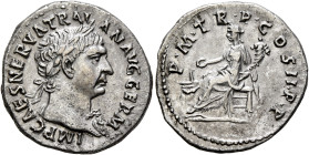 Trajan, 98-117. Denarius (Silver, 19 mm, 3.25 g, 6 h), Rome, autumn 98-end of 99. IMP CAES NERVA TRAIAN AVG GERM Laureate head of Trajan to right, wea...