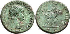 Trajan, 98-117. Dupondius (Orichalcum, 27 mm, 13.13 g, 6 h), Rome, autumn 98-autumn 99. IMP CAES NERVA TRAIAN AVG GERM P M Radiate bust of Trajan to r...