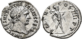 Trajan, 98-117. Denarius (Silver, 19 mm, 3.45 g, 6 h), Rome, 101-102. IMP CAES NERVA TRAIAN AVG GERM Laureate head of Trajan to right, with slight dra...