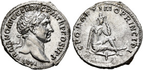 Trajan, 98-117. Denarius (Silver, 18 mm, 3.36 g, 6 h), Rome, 103-107. IMP TRAIANO AVG GER DAC P M TR P COS V P P Laureate head of Trajan to right. Rev...