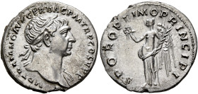 Trajan, 98-117. Denarius (Silver, 19 mm, 3.24 g, 7 h), Rome, circa 107. IMP TRAIANO AVG GER DAC P M TR P COS V P P Laureate head of Trajan to right, w...