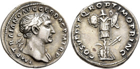 Trajan, 98-117. Denarius (Silver, 19 mm, 3.41 g, 7 h), Rome, circa 107-108. IMP TRAIANO AVG GER DAC P M TR P Laureate head of Trajan to right, with sl...