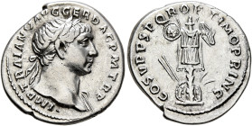 Trajan, 98-117. Denarius (Silver, 19 mm, 3.25 g, 6 h), Rome, circa 107-108. IMP TRAIANO AVG GER DAC P M TR P Laureate head of Trajan to right, with sl...