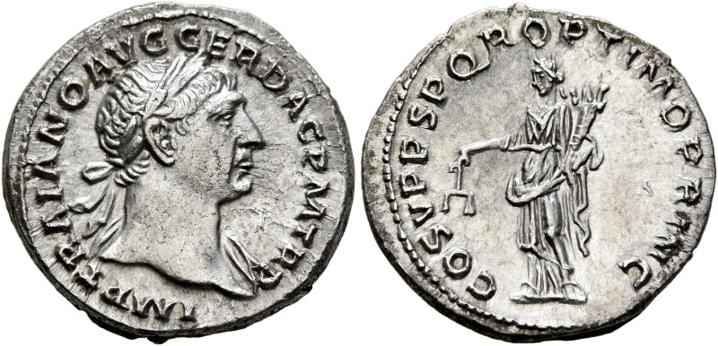 Trajan, 98-117. Denarius (Silver, 18 mm, 3.43 g, 6 h), Rome, circa 107-108. IMP ...