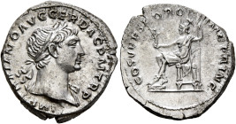 Trajan, 98-117. Denarius (Silver, 19 mm, 3.38 g, 7 h), Rome, 108-109. IMP TRAIANO AVG GER DAC P M TR P Laureate head of Trajan to right, with slight d...