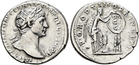 Trajan, 98-117. Denarius (Silver, 19 mm, 3.52 g, 6 h), Rome, 112. IMP TRAIANO AVG GER DAC P M TR P COS VI P P Laureate head of Trajan to right, with s...