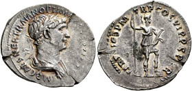 Trajan, 98-117. Denarius (Silver, 21 mm, 2.76 g, 7 h), Rome, winter 114-early 116. IMP CAES NER TRAIANO OPTIM AVG GERM DAC Laureate and draped bust of...