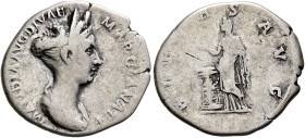 Matidia, Augusta, 112-119. Denarius (Silver, 20 mm, 3.19 g, 7 h), Rome, September 112-117. MATIDIA AVG DIVAE MARCIANAE F Draped bust of Matidia to rig...