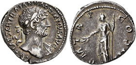 Hadrian, 117-138. Denarius (Silver, 18 mm, 3.00 g, 7 h), Rome, 118. IMP CAES TRAIAN HADRIANVS AVG Laureate head of Hadrian to right, with slight drape...