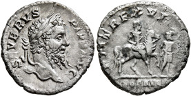 Septimius Severus, 193-211. Denarius (Silver, 19 mm, 2.67 g, 11 h), Rome, 208. SEVERVS PIVS AVG Laureate head of Septimius Severus to right. Rev. P M ...