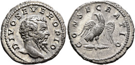 Divus Septimius Severus, died 211. Denarius (Silver, 20 mm, 3.33 g, 6 h), Rome, mid to late 211. DIVO SEVERO PIO Bare head of Septimius Severus to rig...