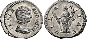 Julia Domna, Augusta, 193-217. Denarius (Silver, 20 mm, 3.27 g, 12 h), Rome, 196-211. IVLIA AVGVSTA Draped bust of Julia Domna to right. Rev. HILARITA...