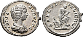 Julia Domna, Augusta, 193-217. Denarius (Silver, 18 mm, 3.33 g, 7 h), Rome, 196-211. IVLIA AVGVSTA Draped bust of Julia Domna to right. Rev. SAECVLI F...