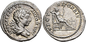 Caracalla, 198-217. Denarius (Silver, 20 mm, 3.41 g, 7 h), Rome, circa 198. IMP CAES M AVR ANTON AVG Laureate and draped bust of Caracalla to right, s...