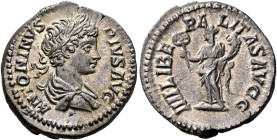 Caracalla, 198-217. Denarius (Silver, 18 mm, 3.21 g, 6 h), Rome, 201-206. ANTONINVS PIVS AVG Laureate and draped bust of Caracalla to right, seen from...