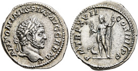 Caracalla, 198-217. Denarius (Silver, 19 mm, 3.12 g, 6 h), Rome, 214. ANTONINVS PIVS AVG GERM Laureate head of Caracalla to right. Rev. P M TR P XVII ...
